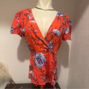 Miami Floral Wrap Blouse - Red/Orange and Blue